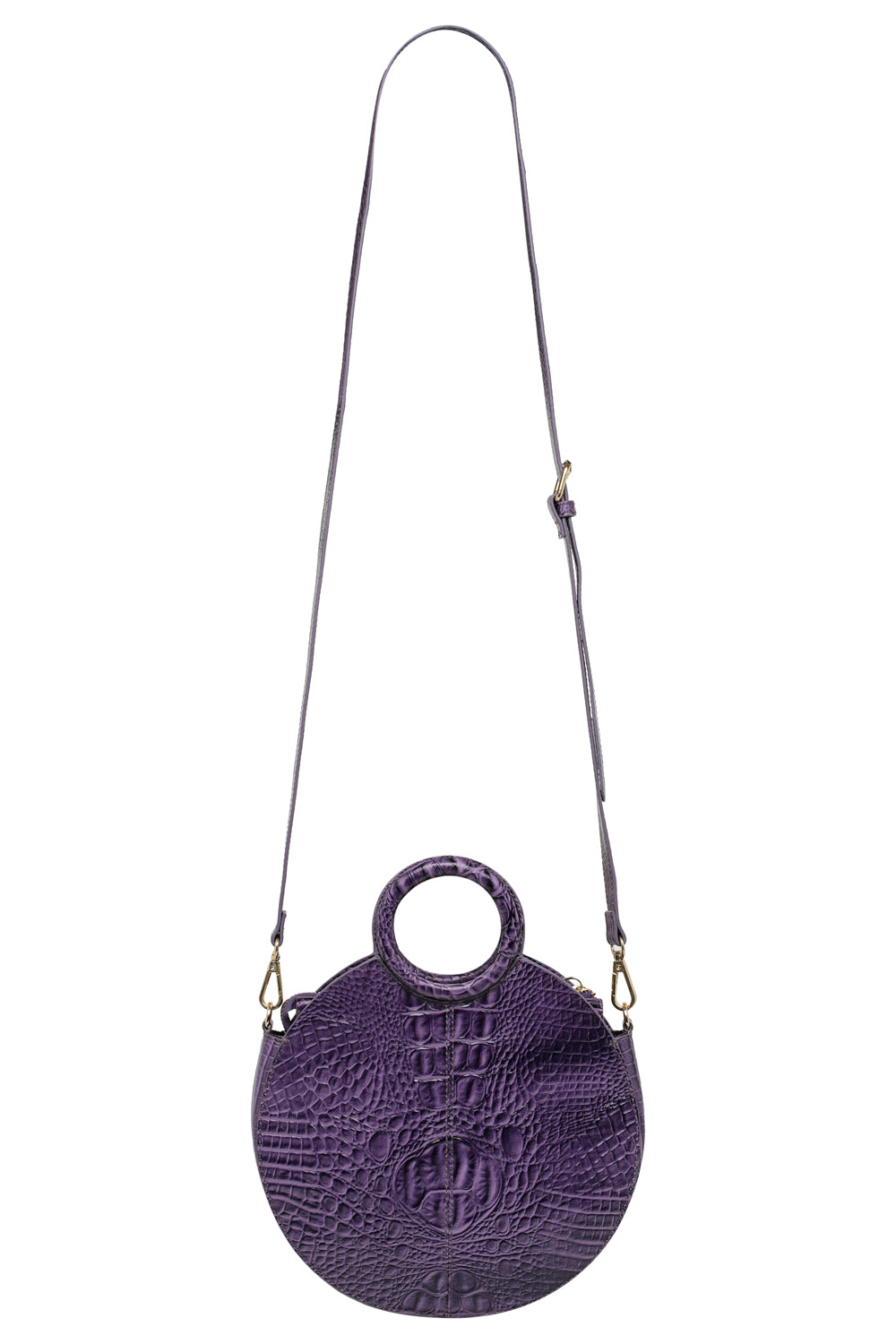 Round purple croc leather bag with top handle and cross body strap