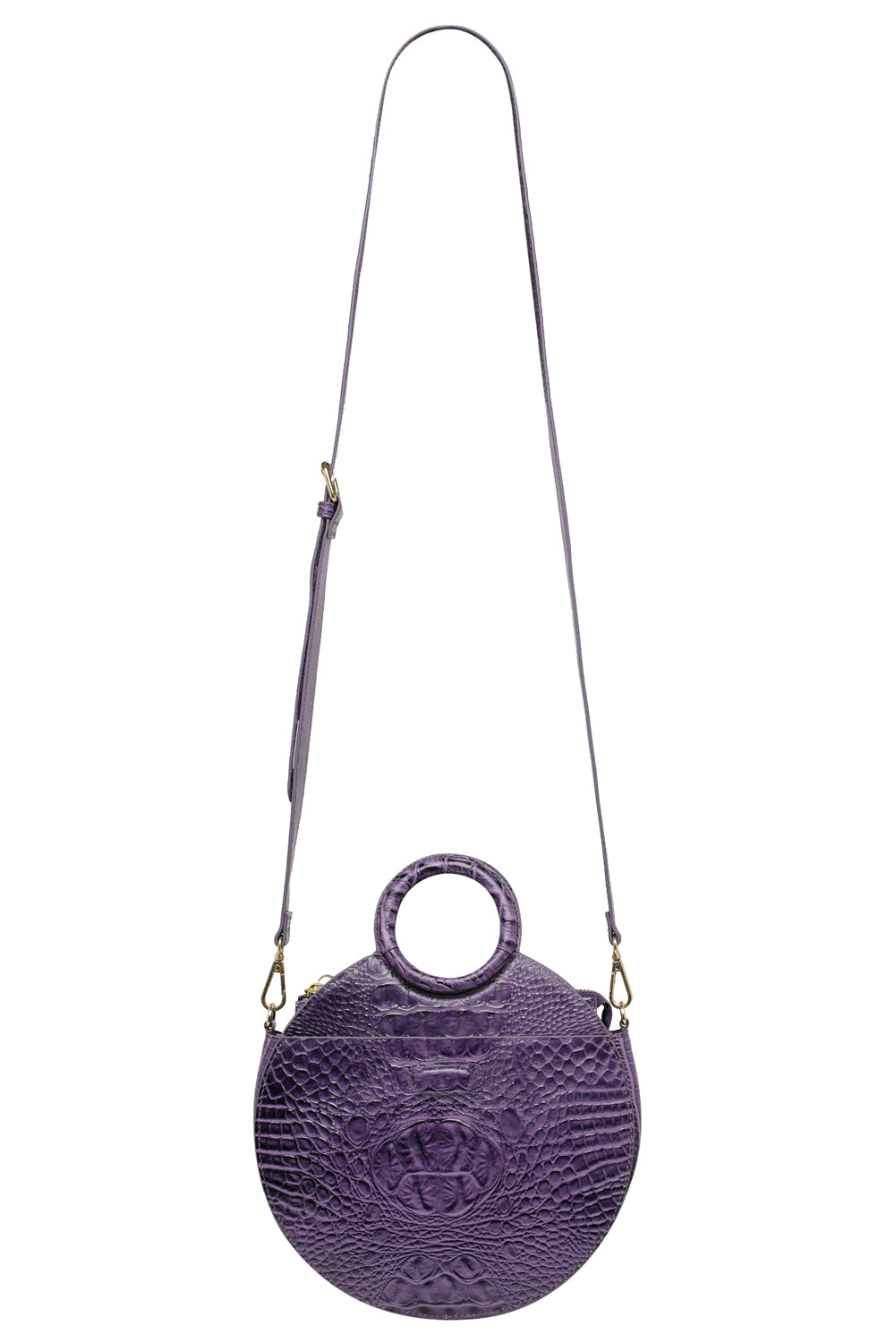 Round purple croc leather bag with top handle and cross body strap