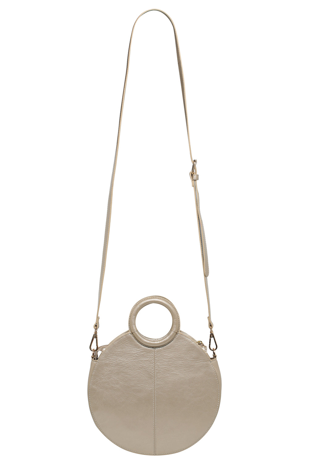 Round leather bag with top handle and cross body strap