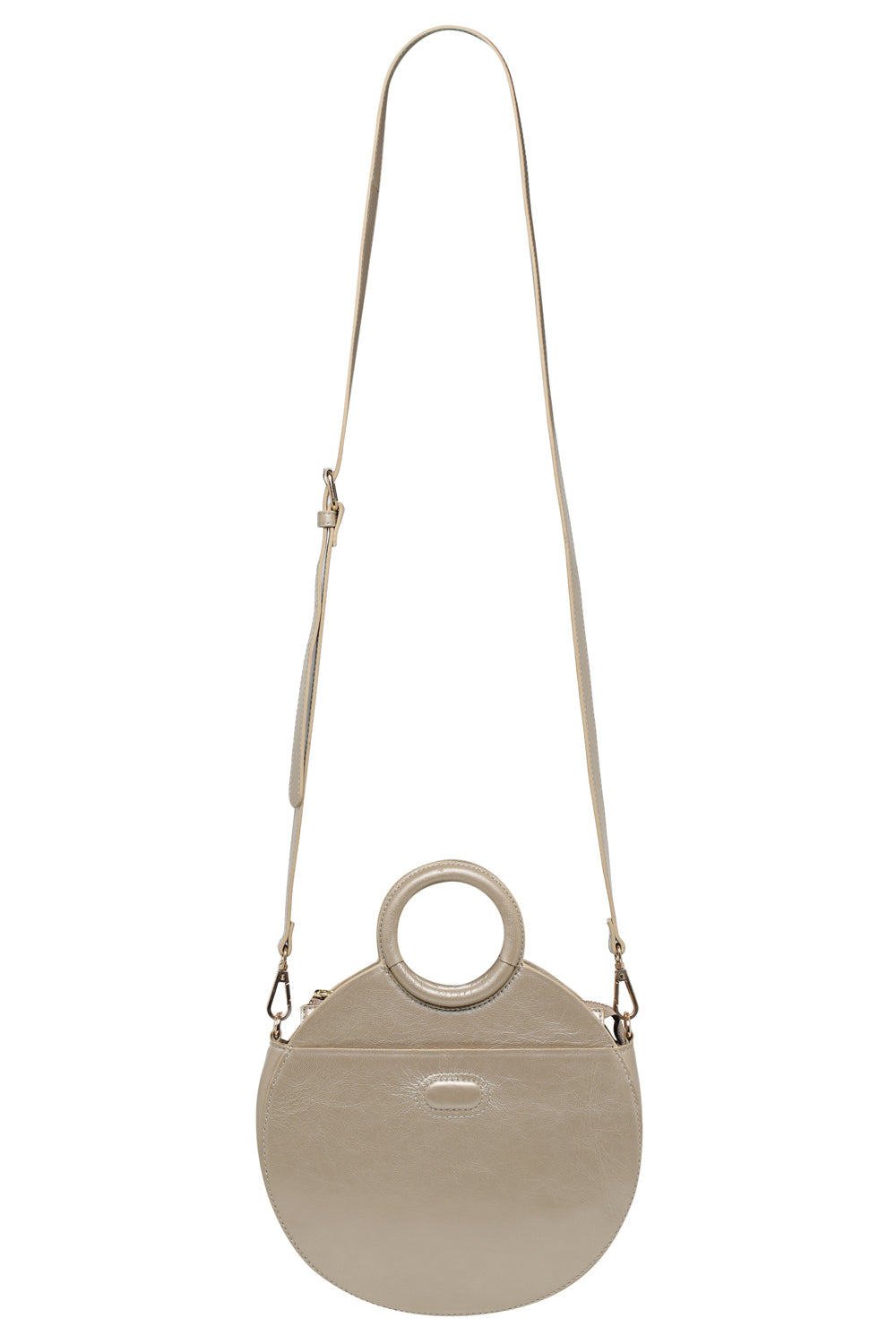 Round leather bag with top handle and cross body strap