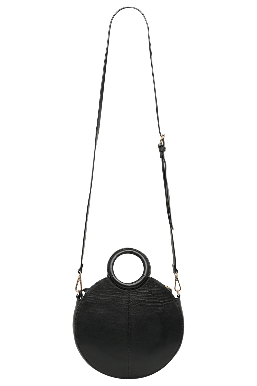 Round black leather bag with top handle and cross body strap