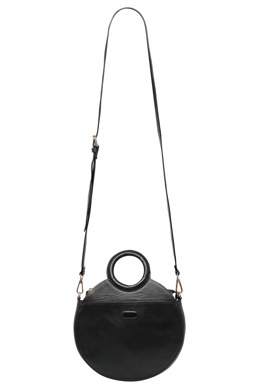 Round black leather bag with top handle and cross body strap